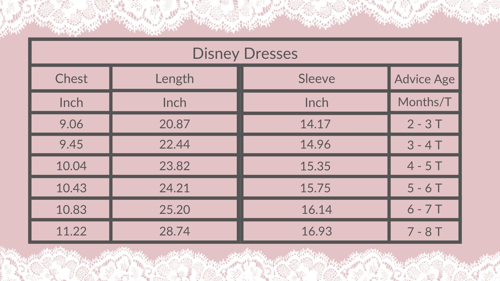 size chart for disney dresses