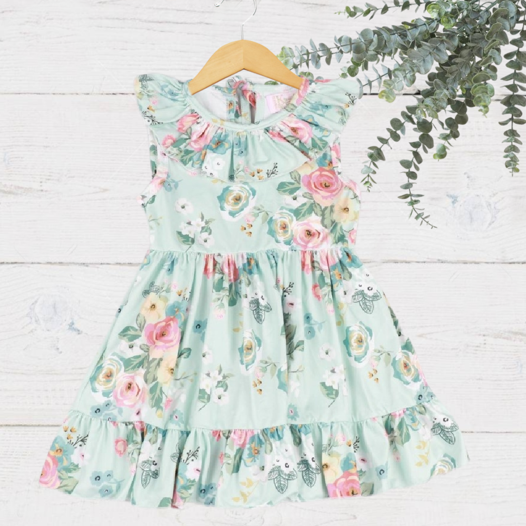 Girls Green Peony Floral Dress - ruffle neck & ruffle skirt