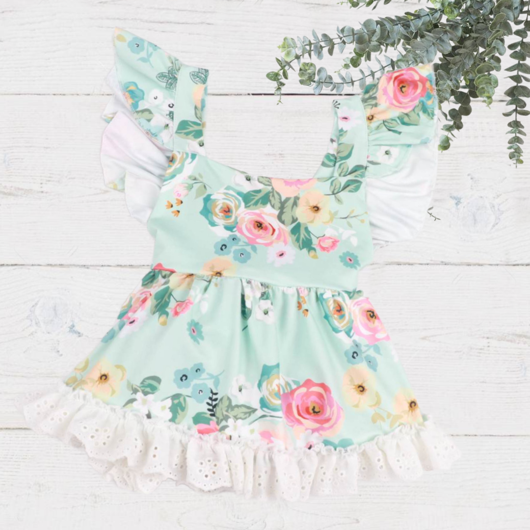 Toddler Girls Green with Roses Floral - Lace Skirt Romper
