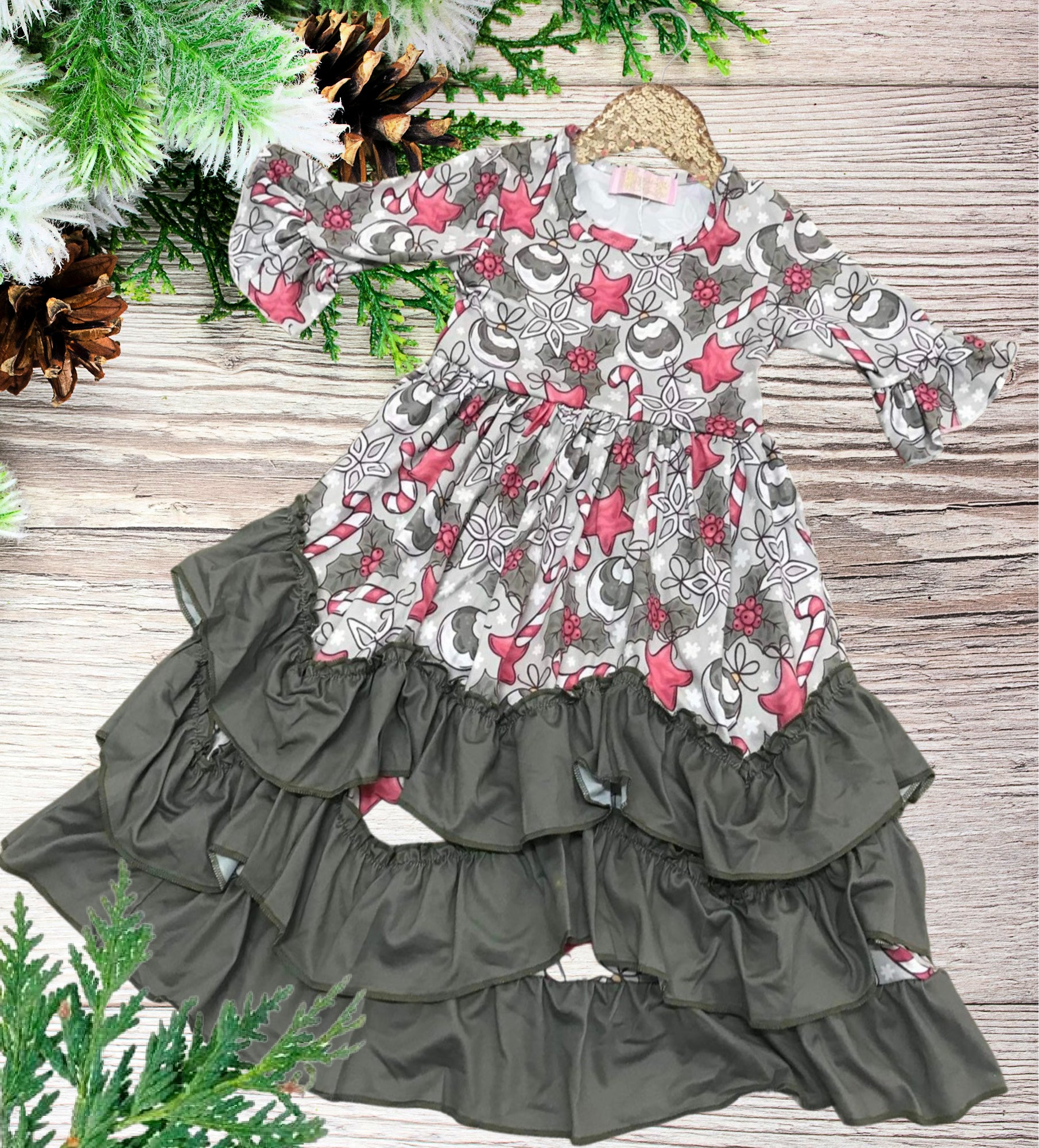 Girls Long Ruffle Holiday/Christmas Dresses - Green With Red Star Ornaments and holly and candy canes