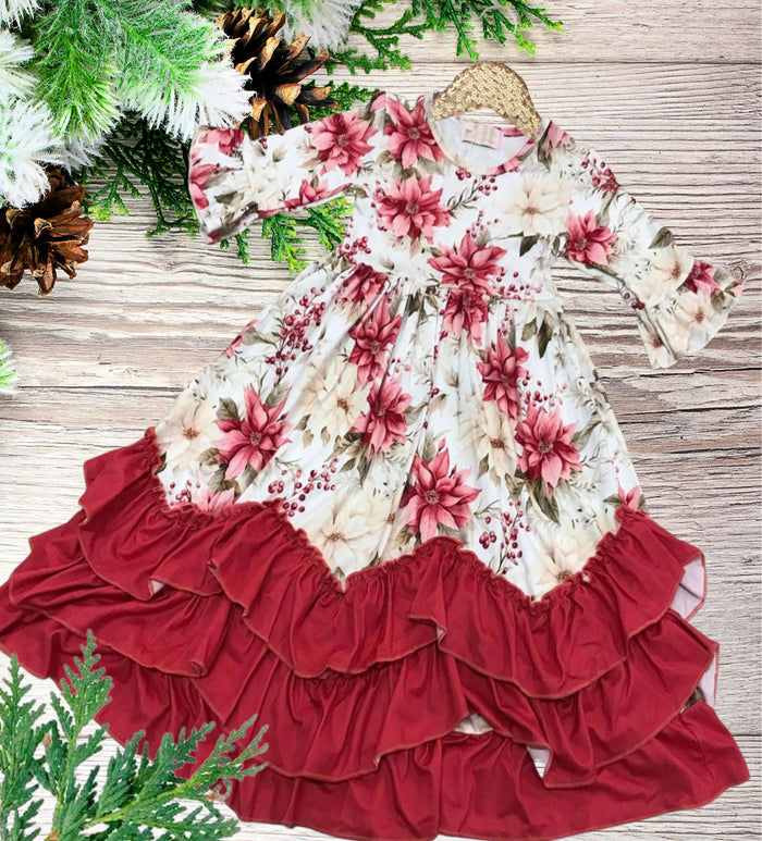 BEST SELLER - Girls Long Ruffle Holiday/Christmas  Dresses - Red Pointsetta's