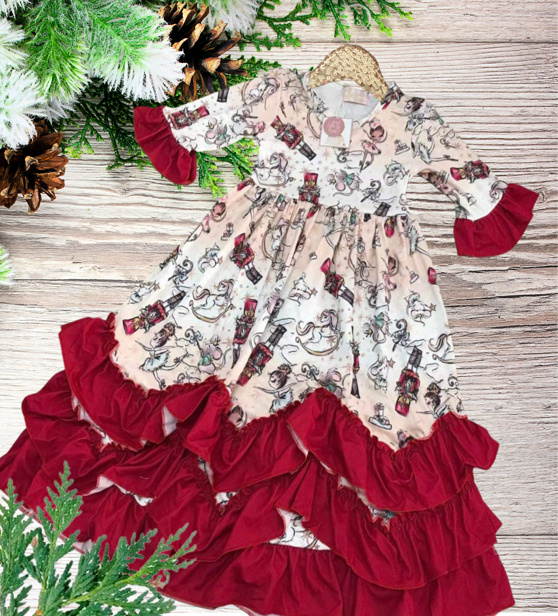Girls Long Ruffle Holiday/Christmas Dresses - Red Nutcracker & rocking horses & ballerinas