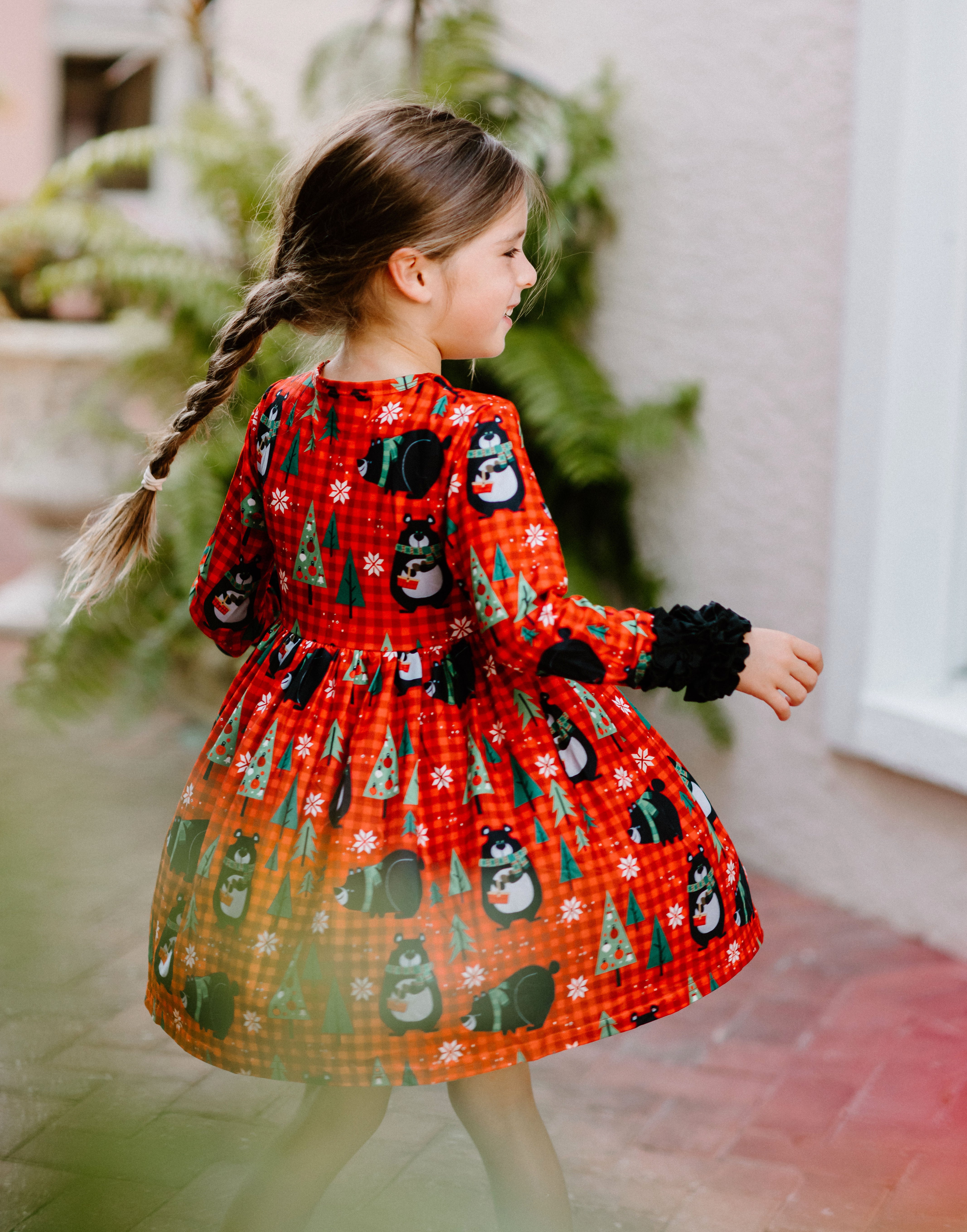 Winter Fun Girls Twirl Dresses - Red Check Cute Black Bears with green trees and white snowflakes - Black Ruffle Wrist Sleeves