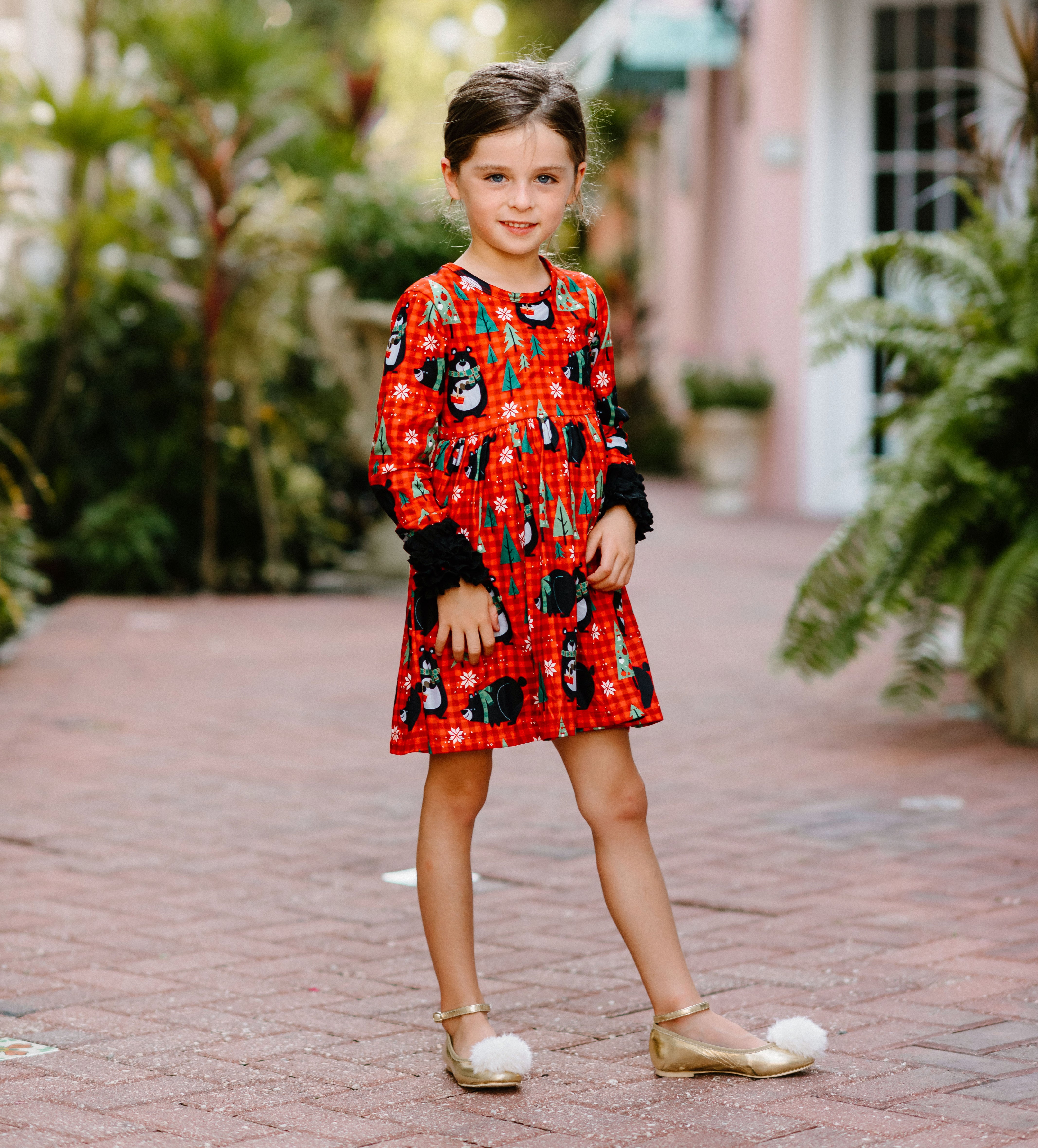 Winter Fun Girls Twirl Dresses - Red Check Cute Black Bears with green trees and white snowflakes - Black Ruffle Wrist Sleeves