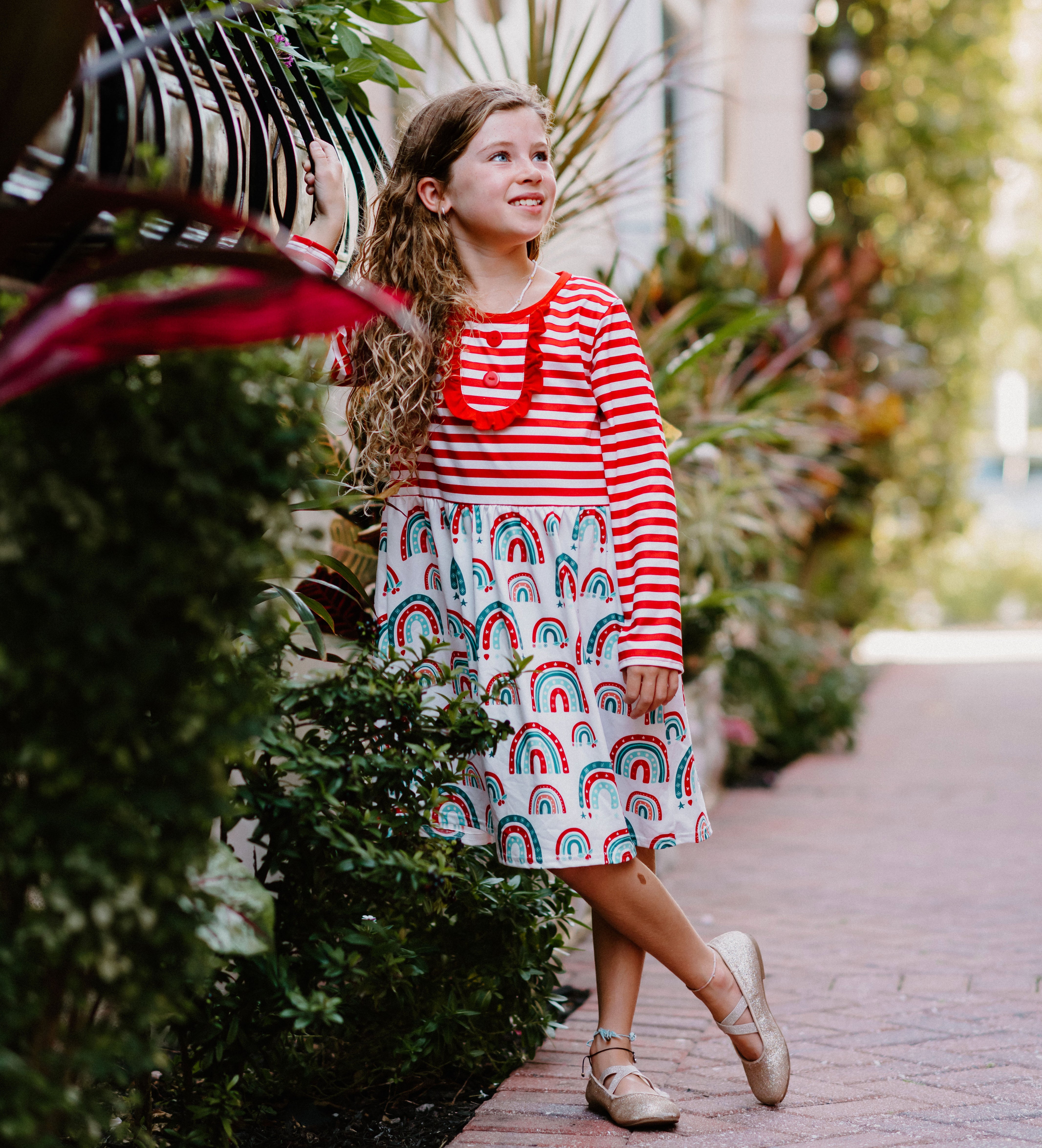 Winter Fun Girls Dresses - Red & Green Rainbow skirt - Top Stripes & Buttons