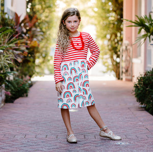 Winter Fun Girls Dresses - Red & Green Rainbow skirt - Top Stripes & Buttons