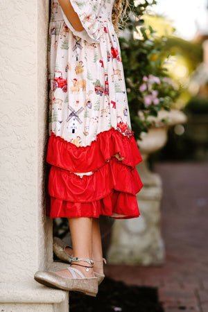 Girls Long Ruffle Holiday/Christmas Dresses - Farm Animals
