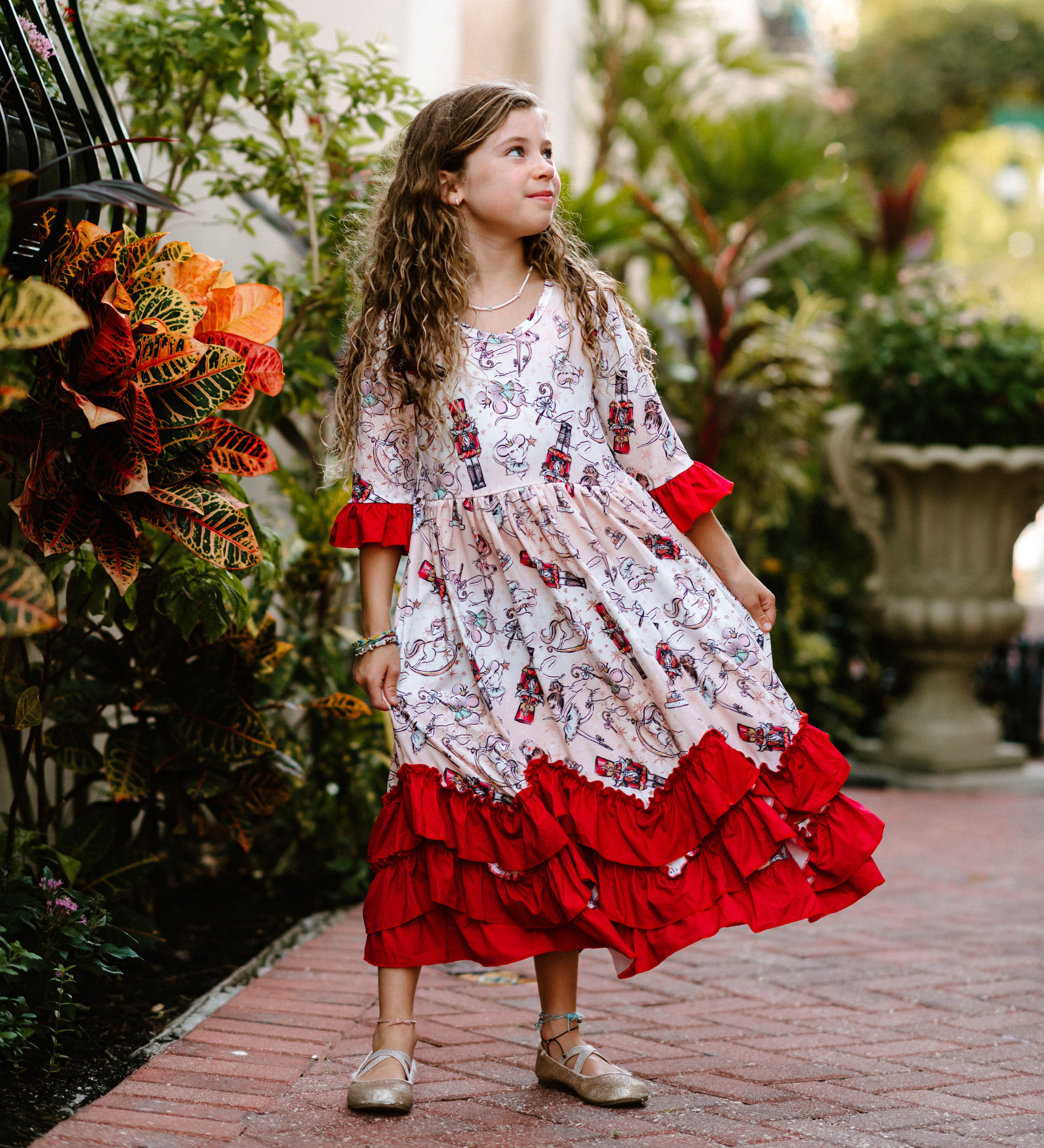 Girls Long Ruffle Holiday/Christmas Dresses - Red Nutcracker