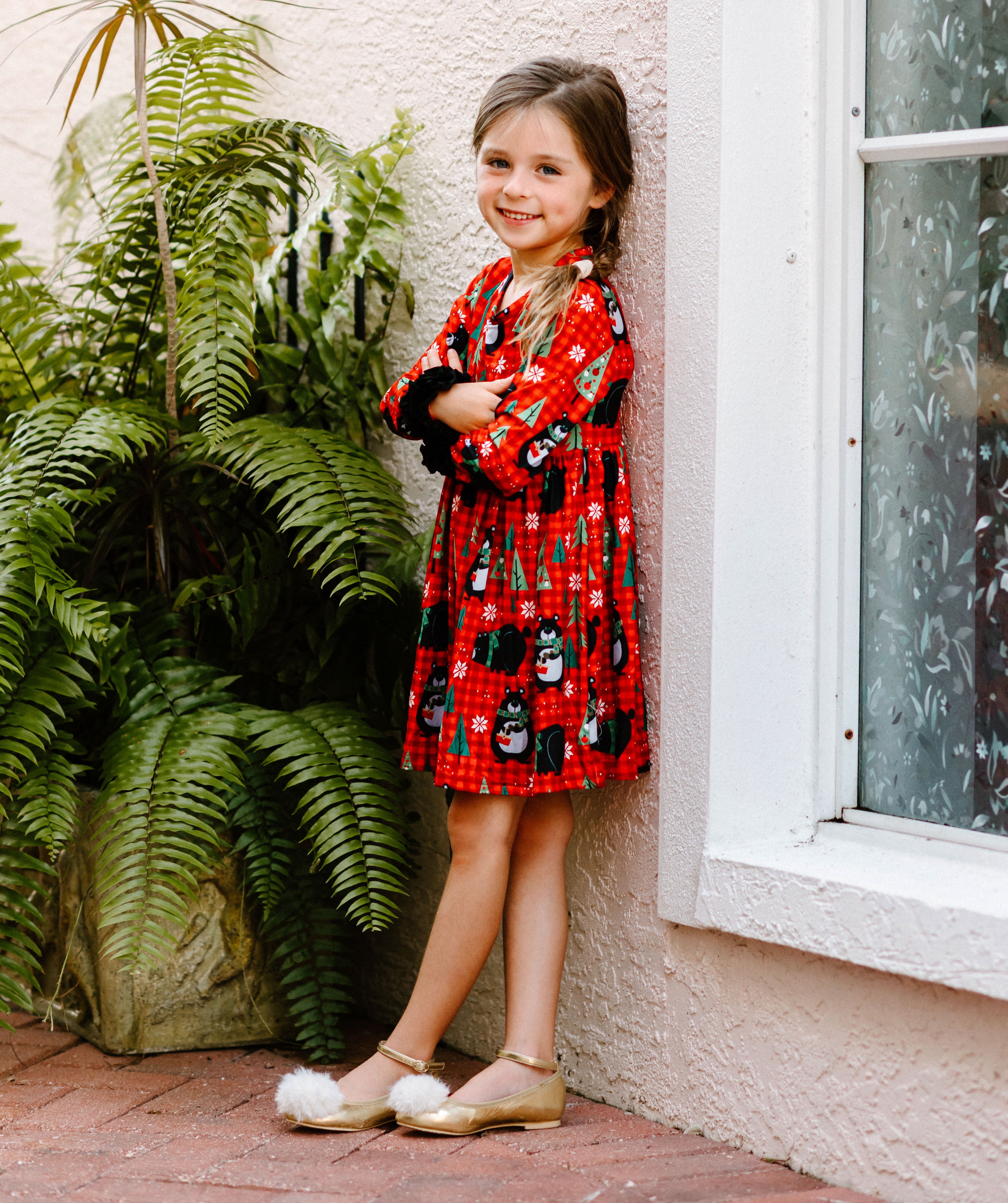 Winter Fun Girls Twirl Dresses - Red Check Cute Black Bears with green trees and white snowflakes - Black Ruffle Wrist Sleeves