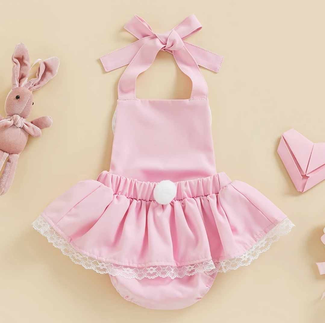 Baby Easter Pink with White Bunny Ears Skirted Romper - back