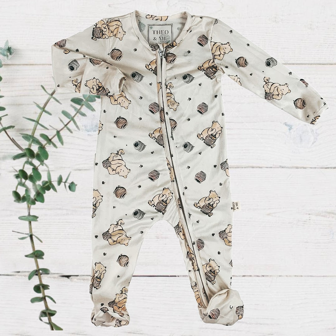 Boys Soft Sleepers With Double Zippers - White Pooh Bear