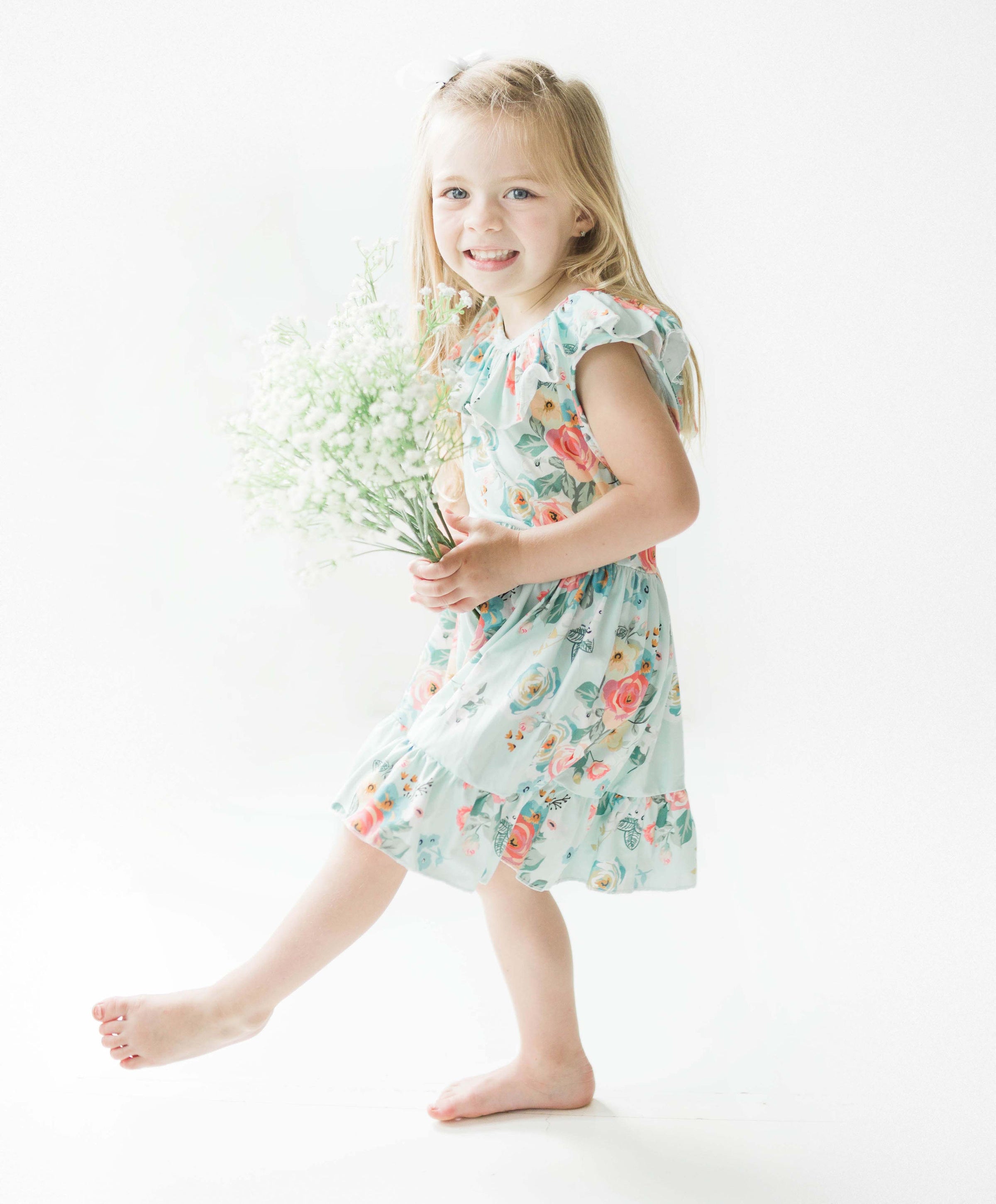 Toddler & Girls  Green Peony Floral Dress