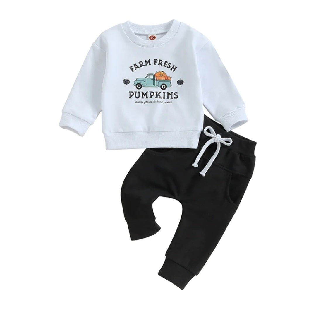 $10.00  3-6M X2, 6-12MX2 - Halloween Farm Fresh Pumpkin Truck 2 Pc Set
