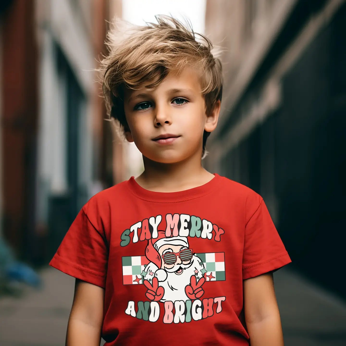 Child wearing a red t-shirt with a Christmas-themed design featuring Santa Claus.