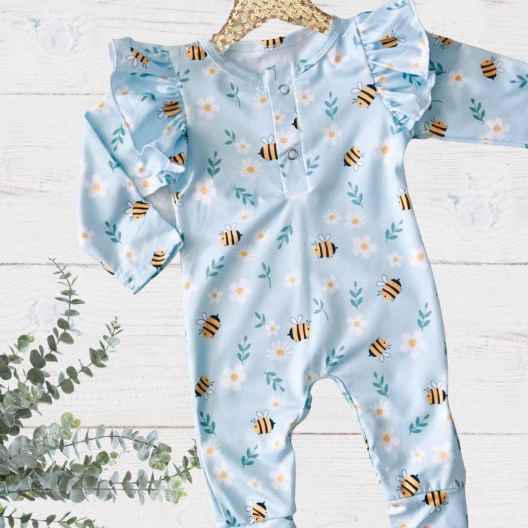 Baby Girls Blue Bees Deluxe Romper - snaps on chest, ruffle shoulder detail, long sleeves