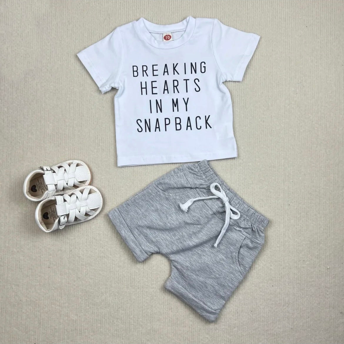 Boys 2 Piece Shorts Sets - Breaking Hearts in My Snapback - white tee & grey shorts