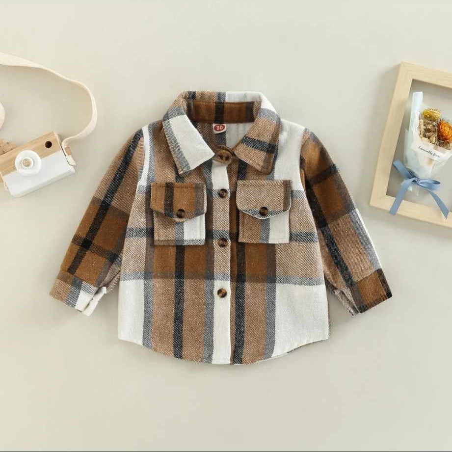Kids Brown & White Plaid Fall Shacket - button up - 2 button chest pockets