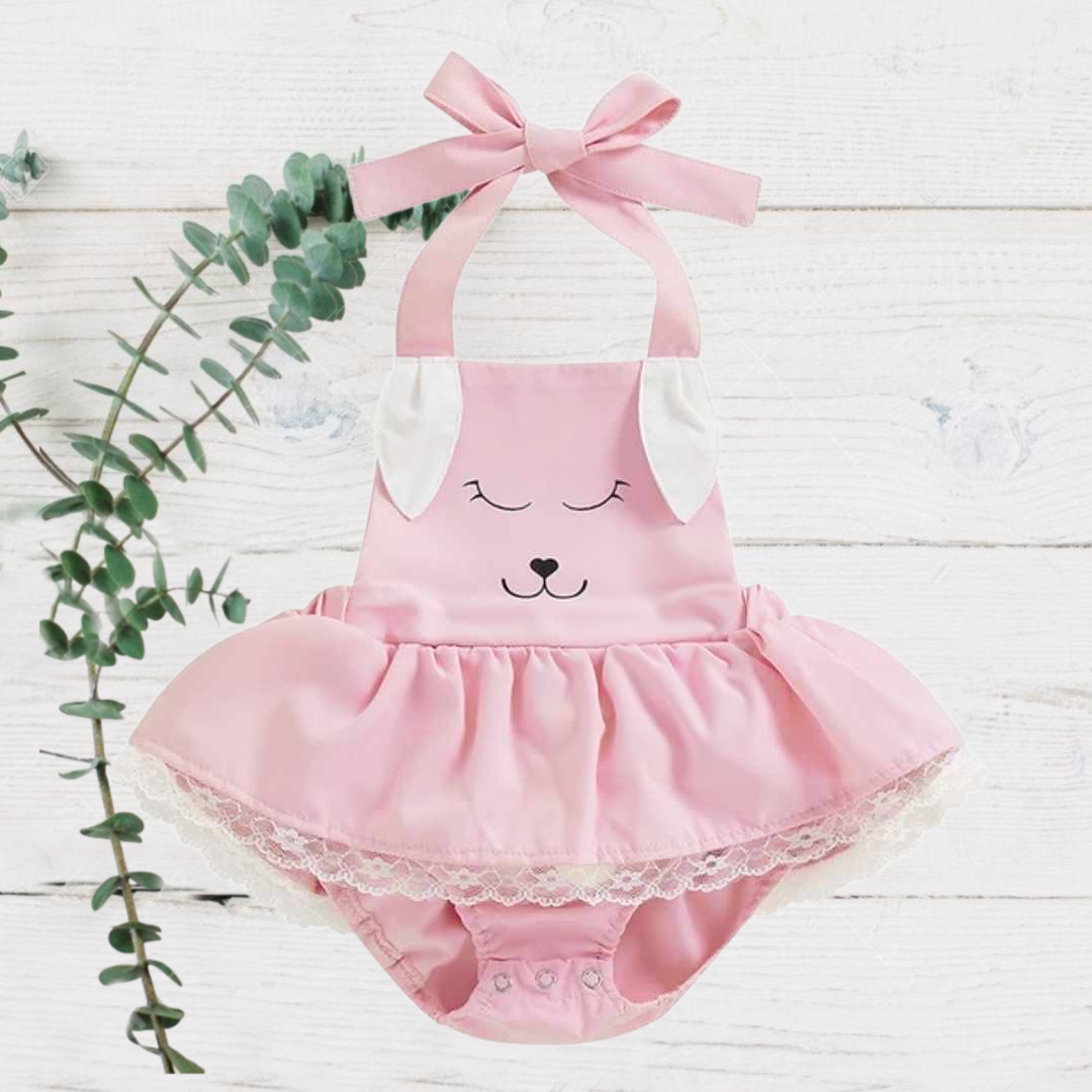 Baby Easter Pink with White Bunny Ears Skirted Romper - tie neck