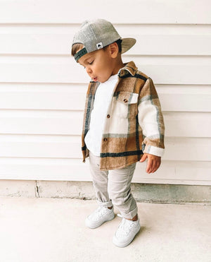 Kids Brown & White Plaid Fall Shacket
