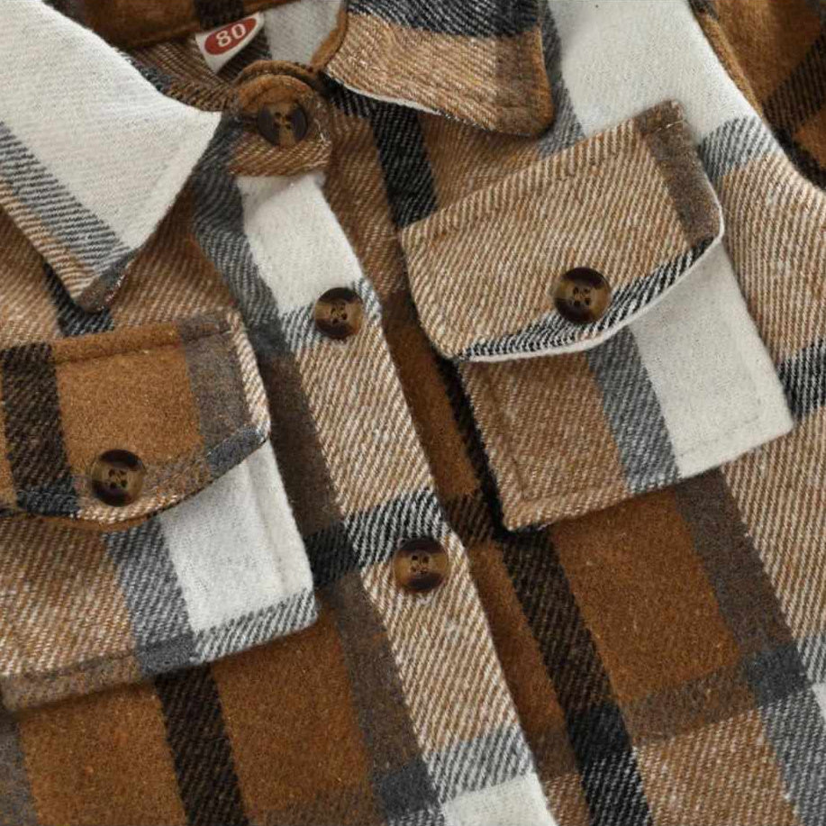 Kids Brown & White Plaid Fall Shacket - close up on buttons and pockets