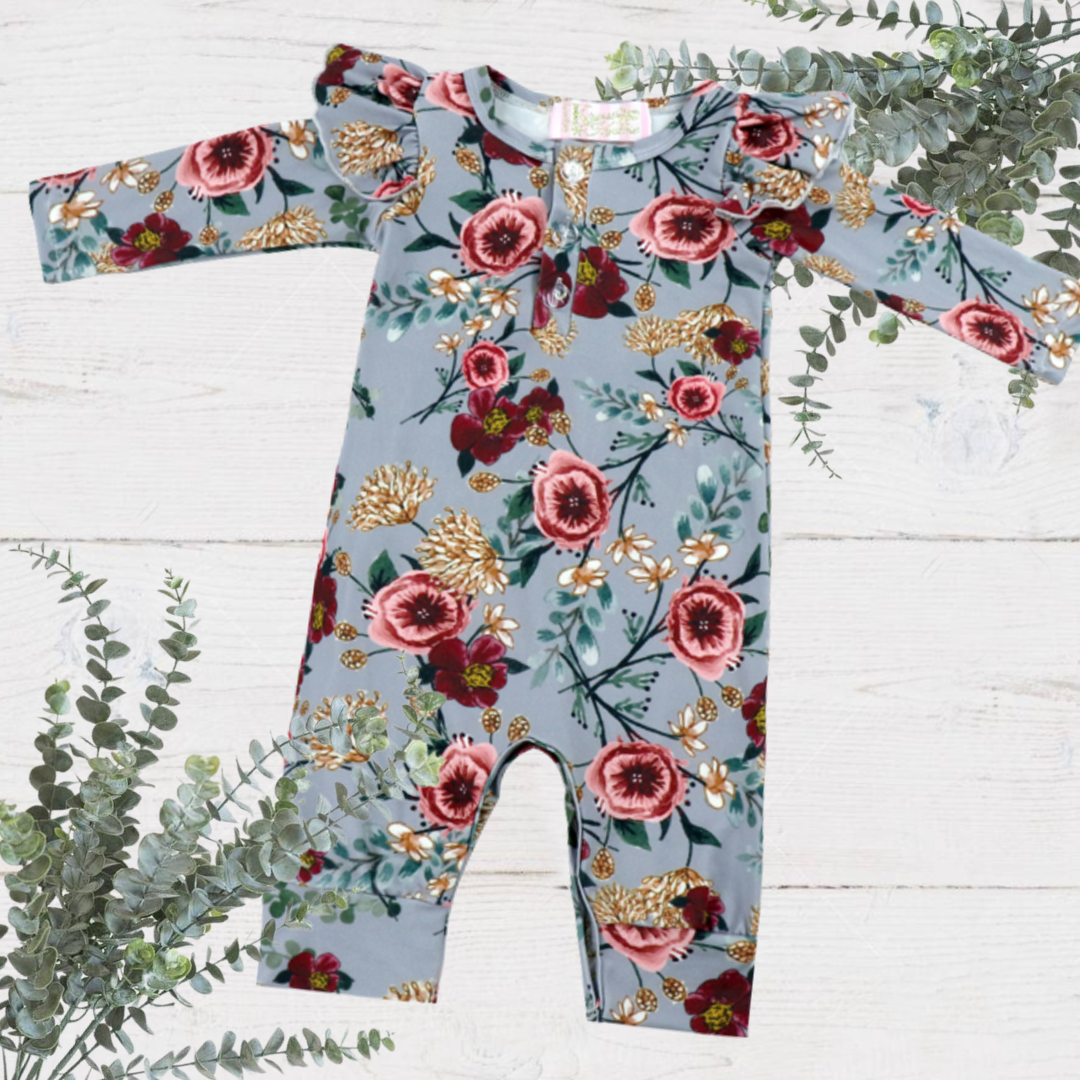 Baby Girls Country Blue Floral Deluxe Romper - snaps at chest, ruffle sleeve shoulders, and long sleeves