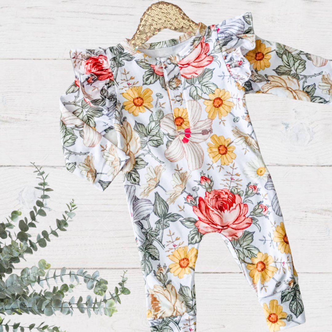 Baby Girls Floral Melody Deluxe Romper - yellow daisies, white flowers, red peonies