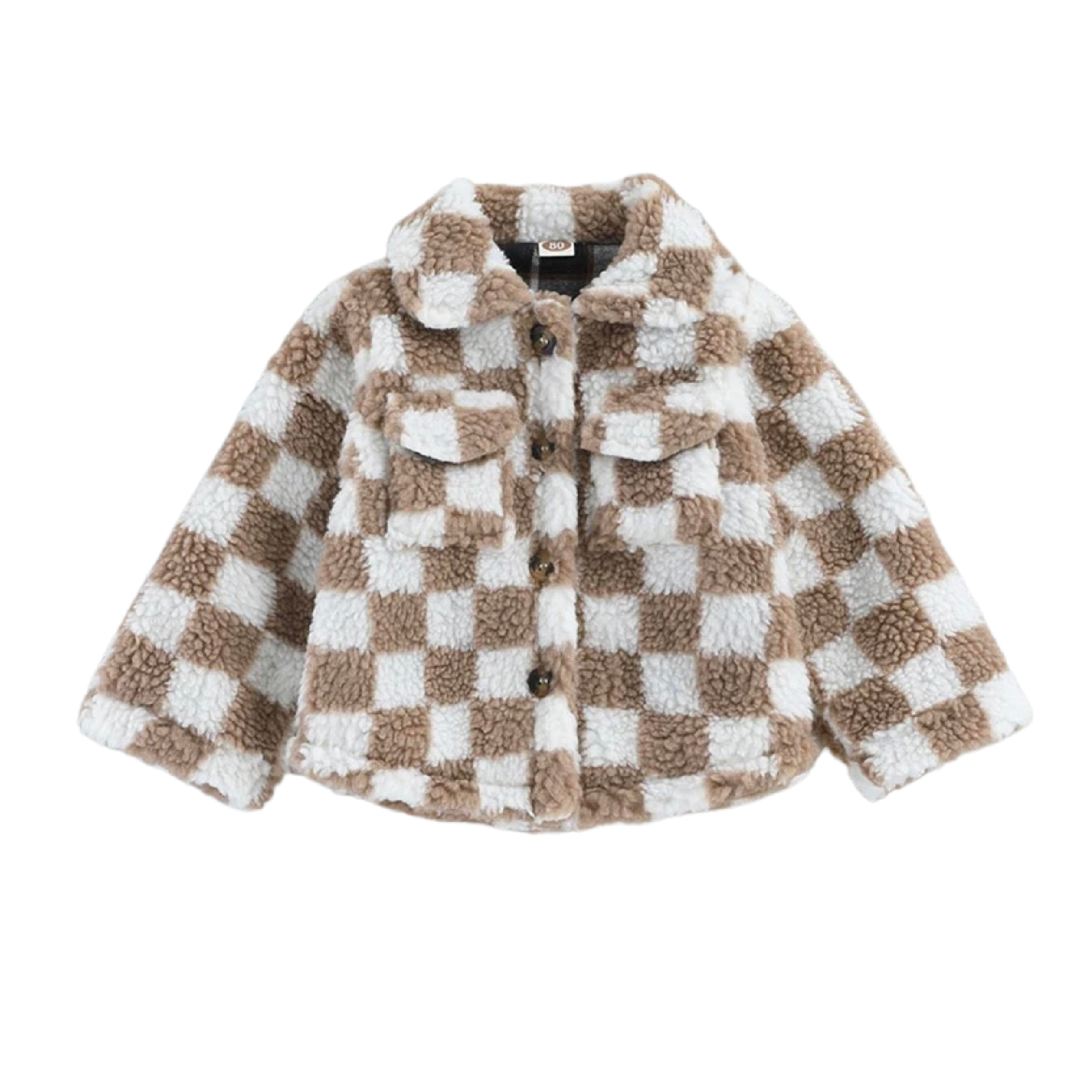 Front Kids Teddy Plush Beige Check Shacket