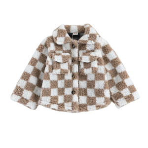 Front Kids Teddy Plush Beige Check Shacket