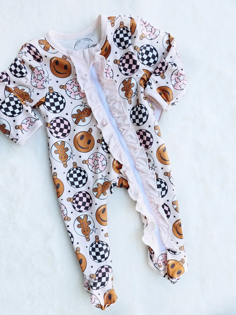 $16.00 EA - 0-3M X 1, 3-6M X 2, 6-12M X 2, 12-24M X 2  - Christmas Zippies Sleepers - Pink Ginger Check Balls