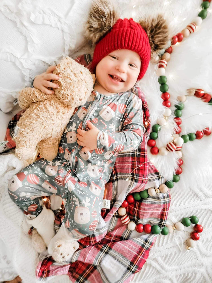 Holiday Zippies Sleepers - Dark Forest Green with Bears & Red Baubles