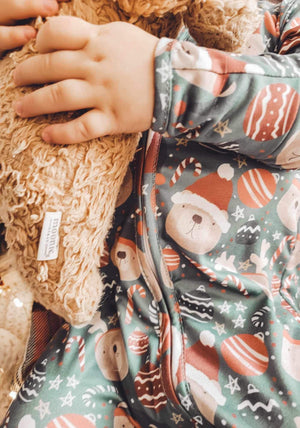 Holiday Zippies Sleepers - Dark Forest Green with Bears & Red Baubles