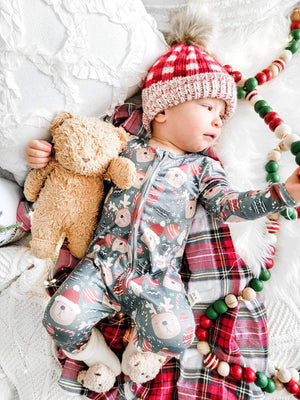Holiday Zippies Sleepers - Dark Forest Green with Bears & Red Baubles