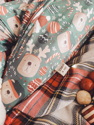 Holiday Zippies Sleepers - Dark Forest Green with Bears & Red Baubles