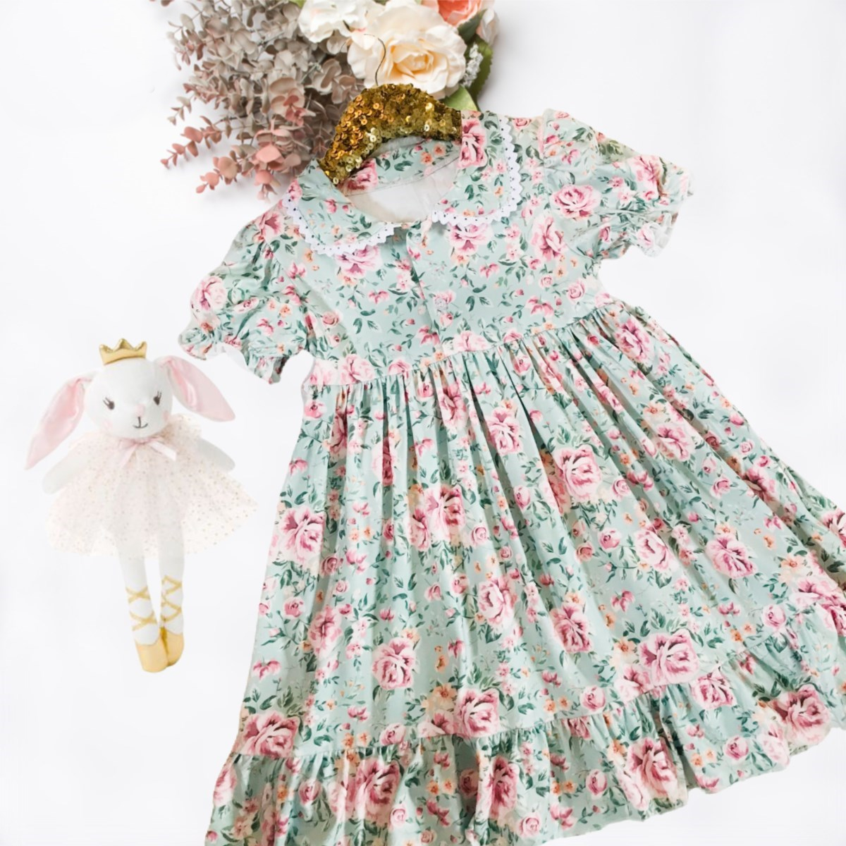 Girls Vintage Night Gowns - Green Vintage Floral - Short Sleeve
