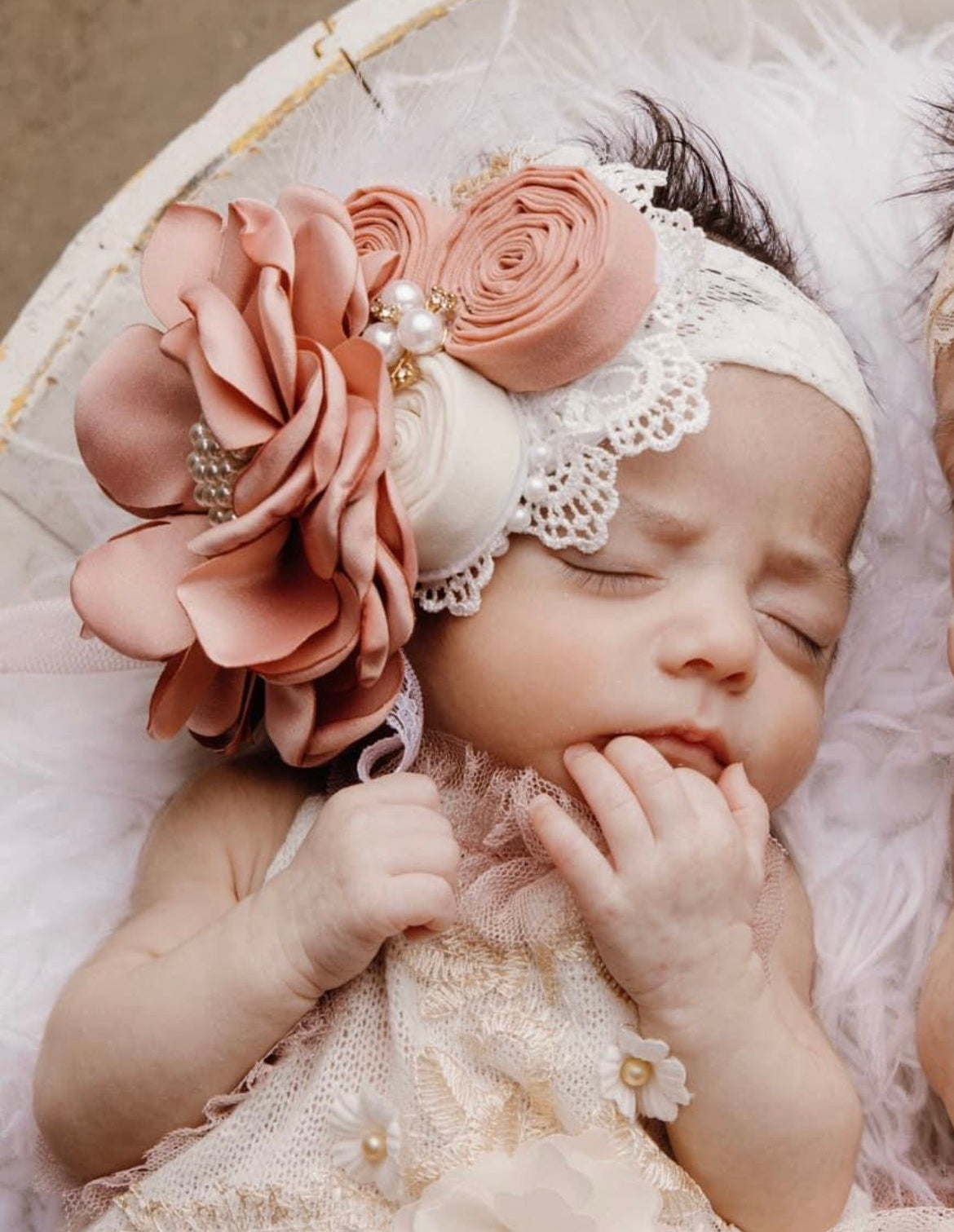 Dusty Rose Flower with Pearl, Feather & White Lace Headband