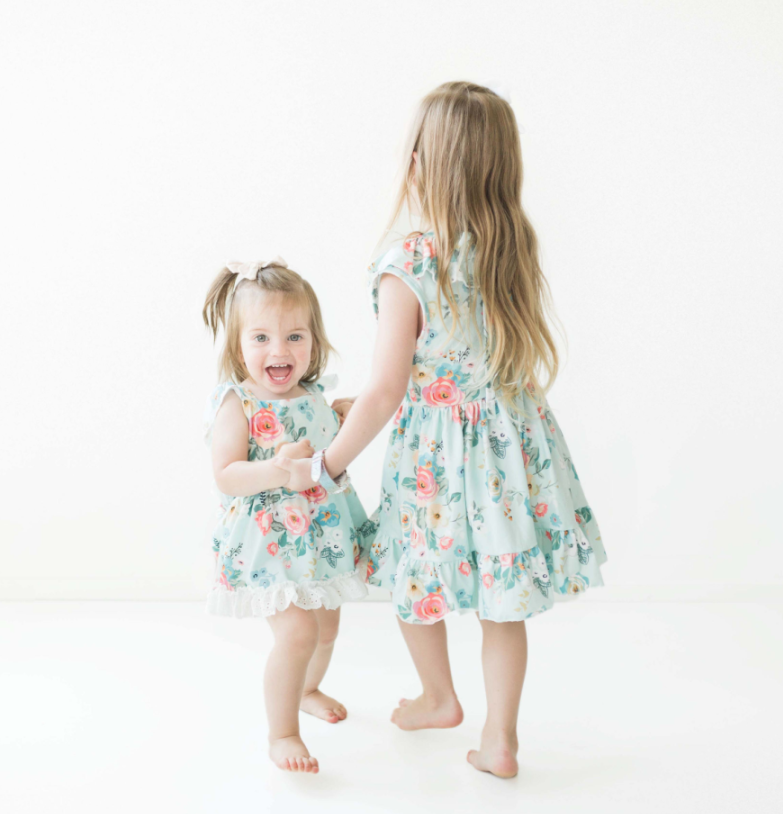 Girls Green Peony Floral Dress & toddler in matching romper