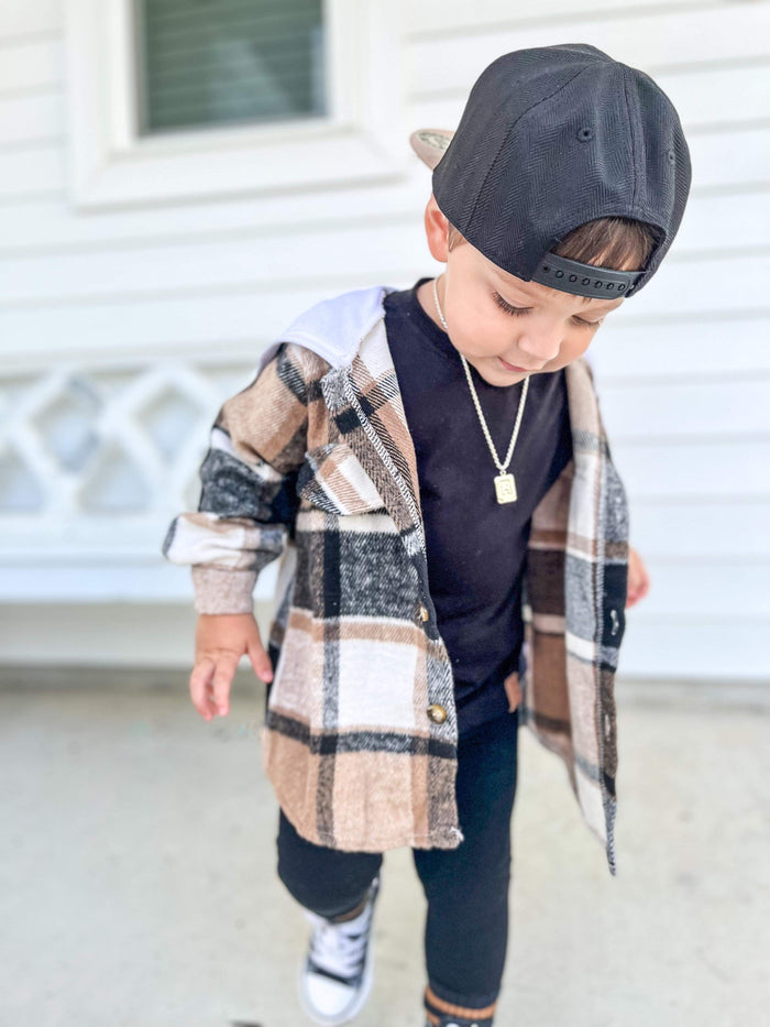 Kids Button-Up Shacket - Brown & Black Plaid With White Hood