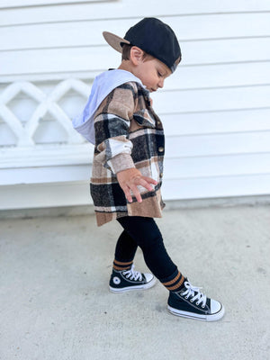 Kids Button-Up Shacket - Brown & Black Plaid With White Hood