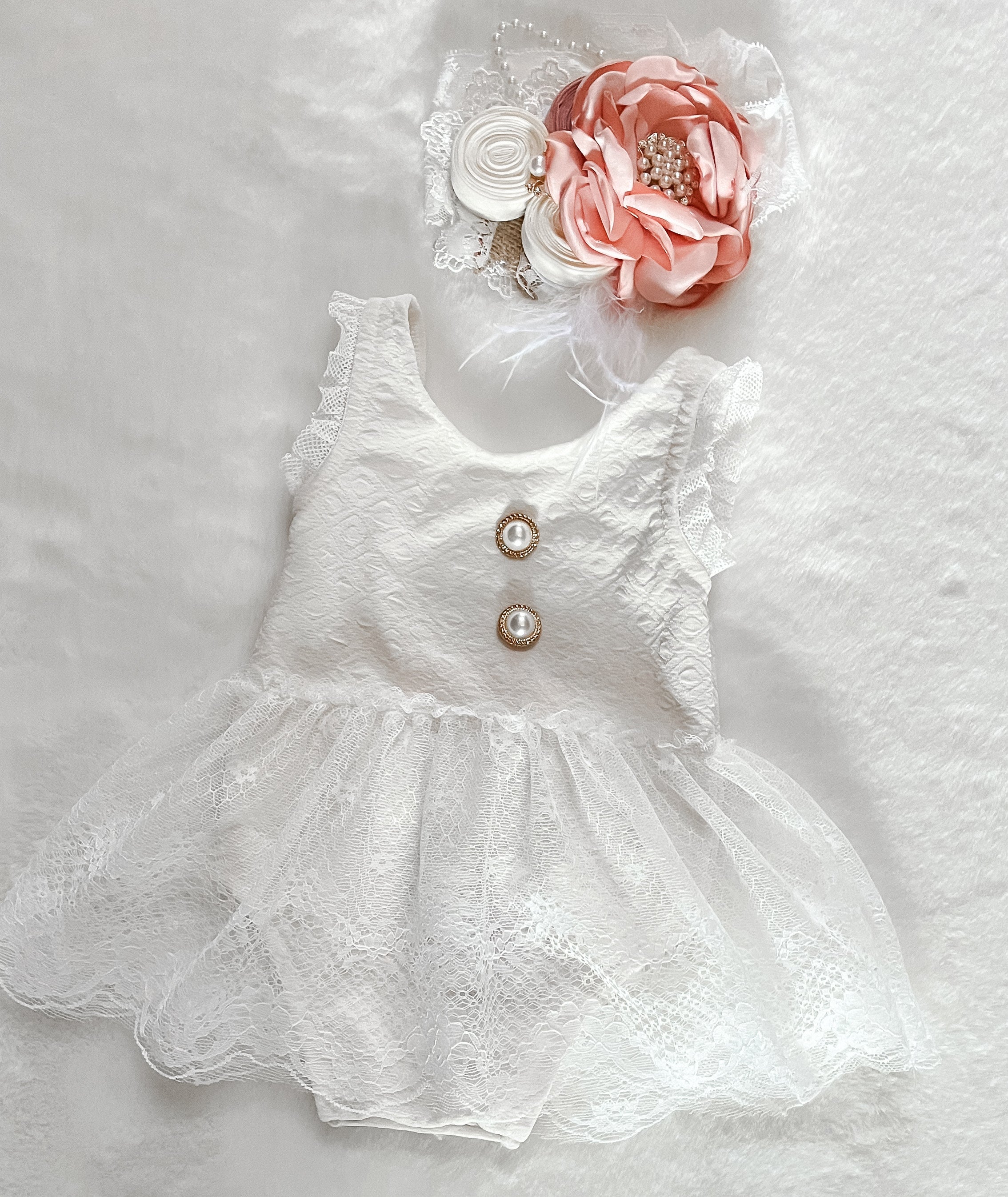 Baby Girls White Lace Sleeveless Skirted Romper with Pearl Button Details