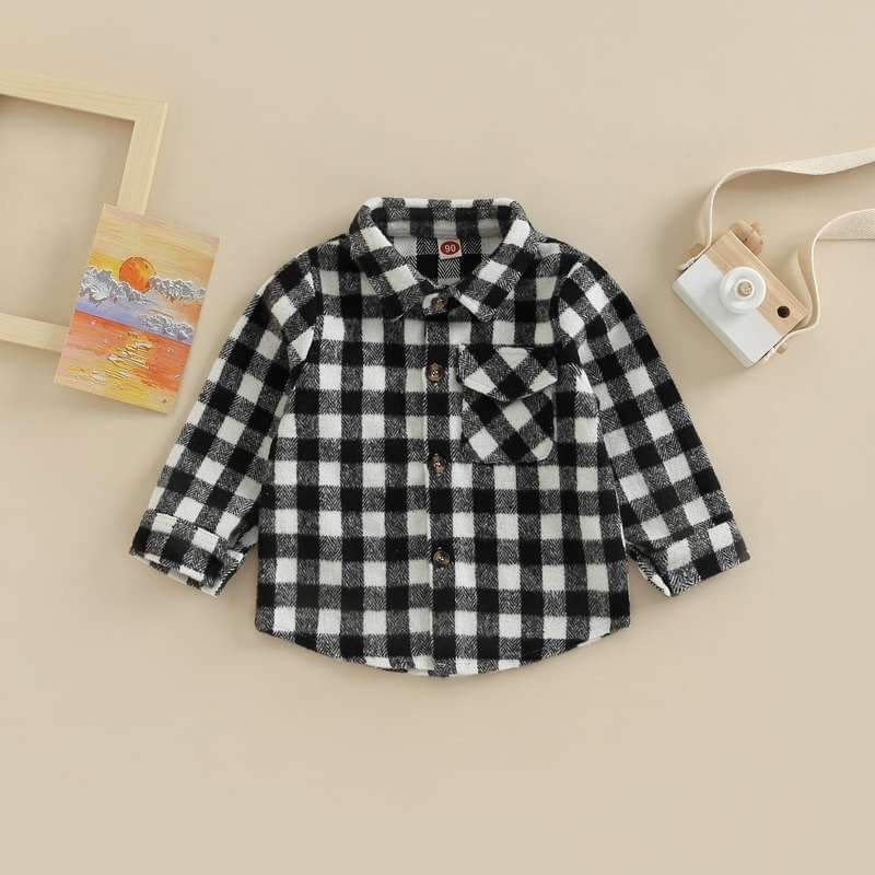 Kids Black Check Flannel Shacket - Front of outfit including Button down & pocket