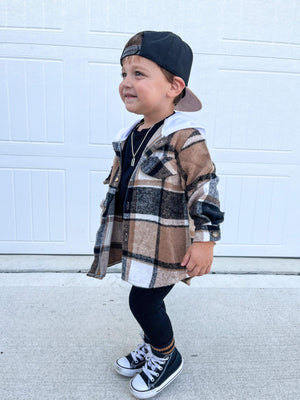 Kids Button-Up Shacket - Brown & Black Plaid With White Hood