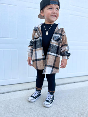 Kids Button-Up Shacket - Brown & Black Plaid With White Hood