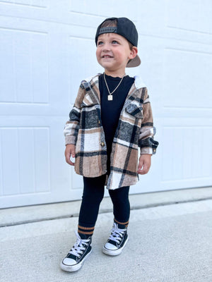 Kids Button-Up Shacket - Brown & Black Plaid With White Hood