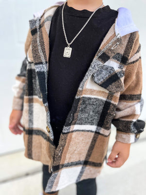 Kids Button-Up Shacket - Brown & Black Plaid With White Hood