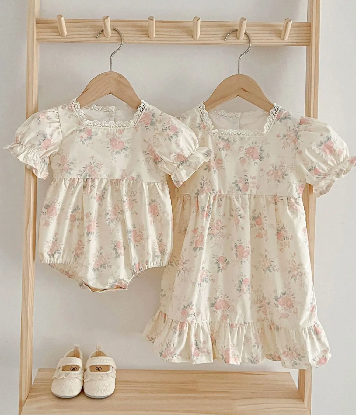 Baby Girls Romper - Light Pink Rose Vintage Floral - showing a romper and dress with same fabric - only romper available