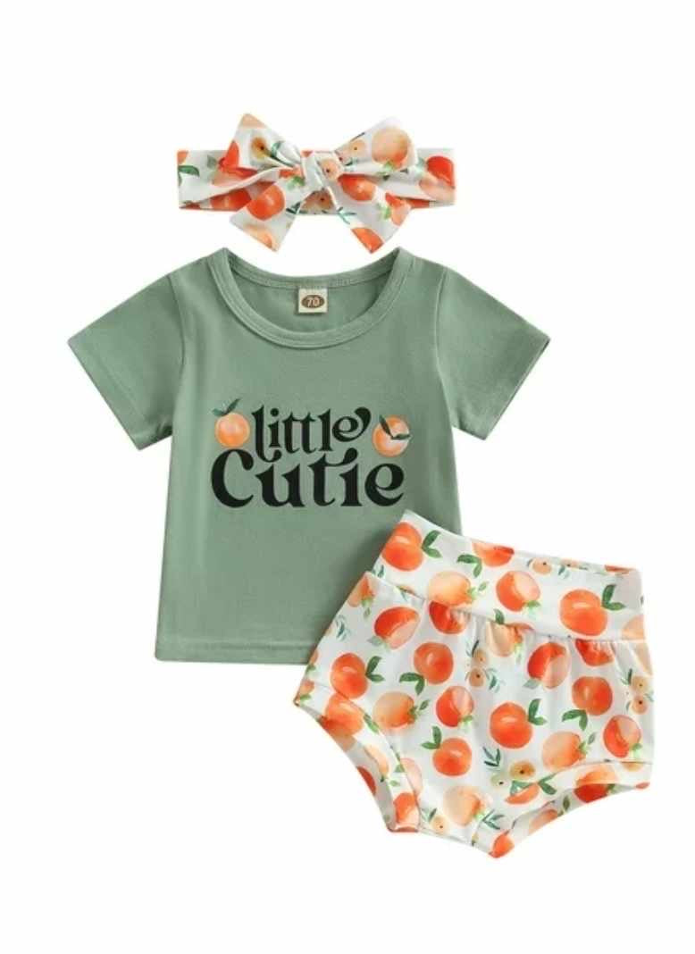 Baby Girls 2-Piece Little Cutie Peaches & Bummie - green tee