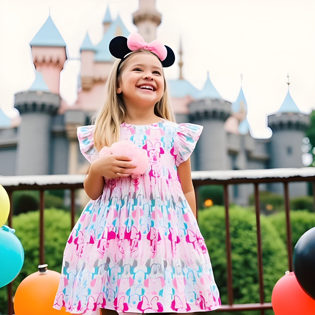 Girls Fun Character Dresses - Pink & Pastel Minnie Heads
