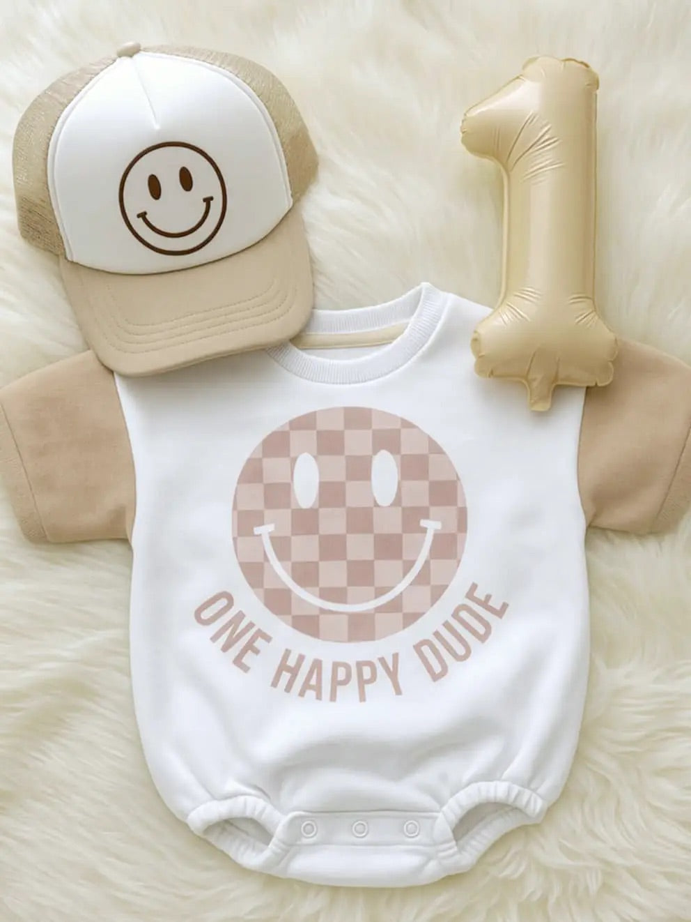 1st Birthday Tan Check One Happy Birthday Bubble Romper