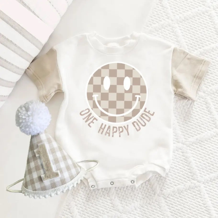 1st Birthday Tan Check One Happy Birthday Bubble Romper