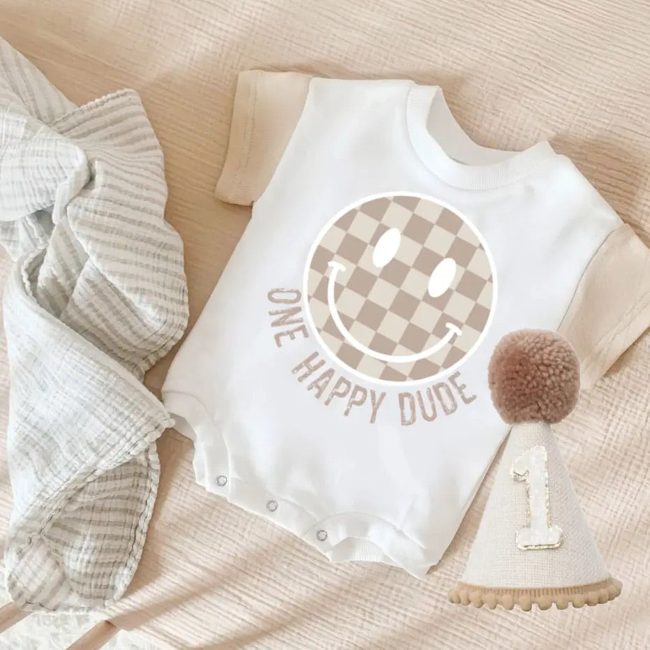 1st Birthday Tan Check One Happy Birthday Bubble Romper